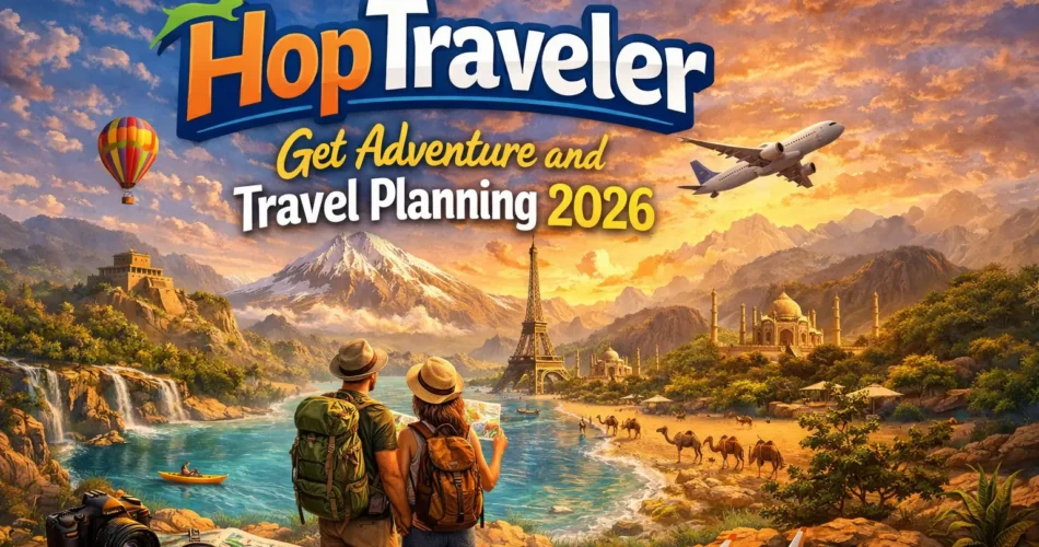 Couple travelers exploring world landmarks with backpacks, mountains, desert, beach, and airplane representing adventure travel planning 2026