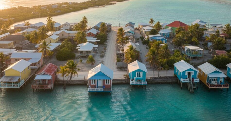Aerial view of Caye Caulker island Belize showing turquoise waters and colorful houses at sunset"