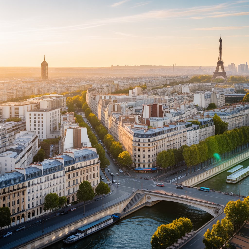 Aerial view of Paris neighborhoods along the Seine River showing the best areas to stay in Paris"
