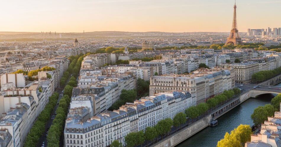 Aerial view of Paris neighborhoods along the Seine River showing the best areas to stay in Paris"