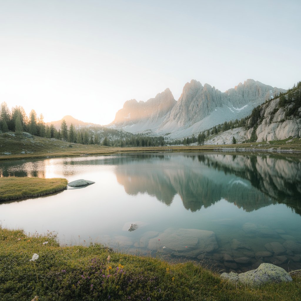 Pristine mountain lake at sunrise with granite peaks reflection showing
clear turquoise water and alpine wildflowers representing Rocky Mountain
National Park day trip destinations near Denver