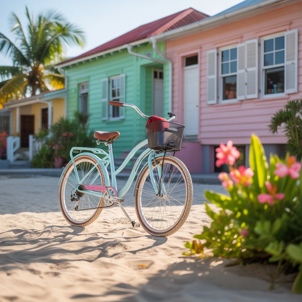 Bicycle on sandy street in Caye Caulker Belize showing car-free island transportation
