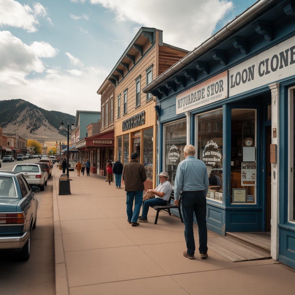 Actual small Colorado town main street with vintage storefronts, local
businesses and parked cars showing authentic historic mountain community
character for scenic day trips from Denver