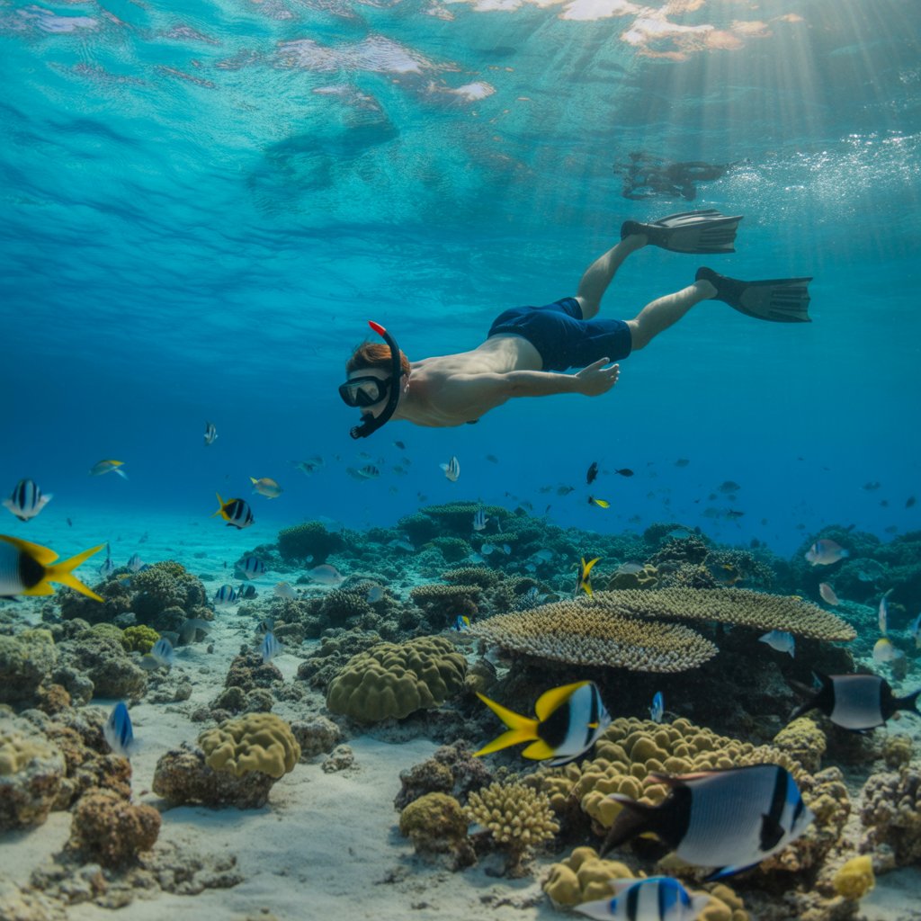 Snorkeling at Hol Chan Marine Reserve Belize Barrier Reef with tropical fish and coral