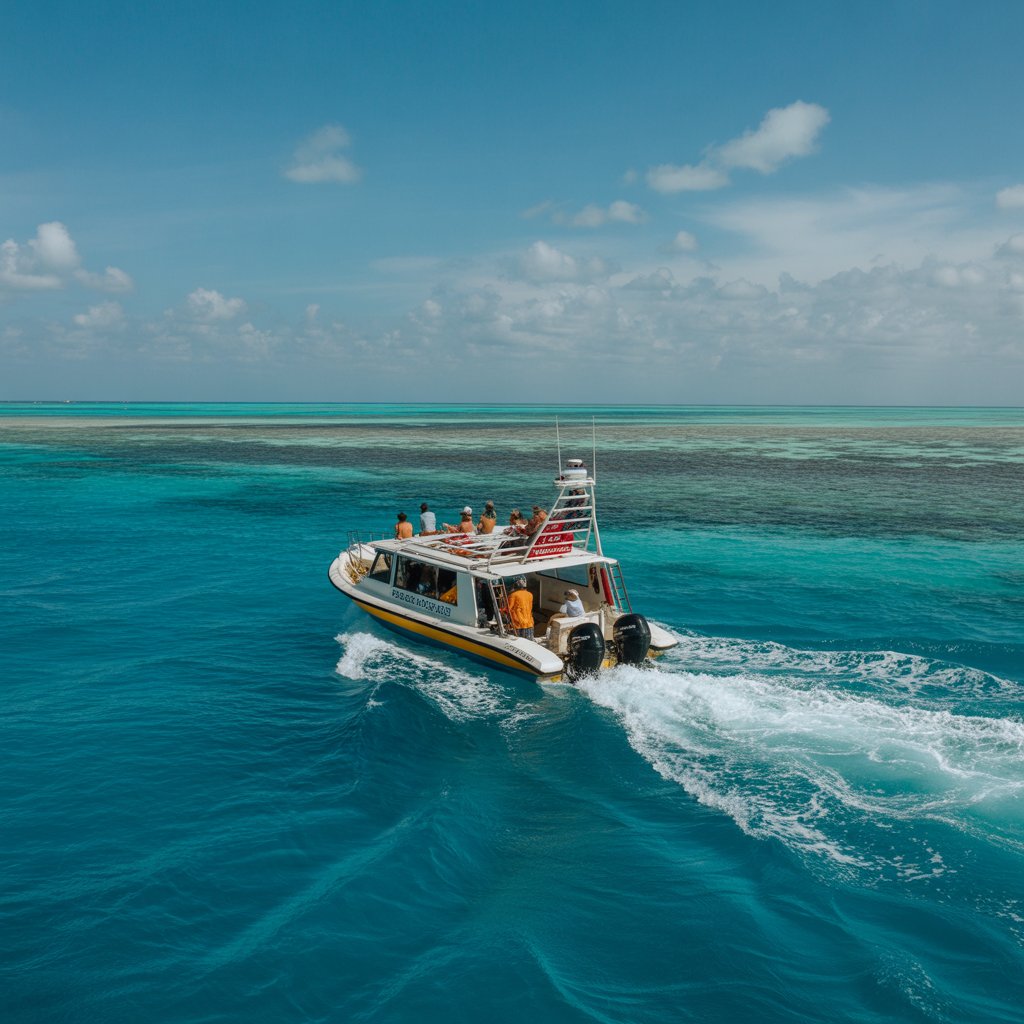 Water taxi boat arriving at Caye Caulker from Belize City with turquoise Caribbean waters
