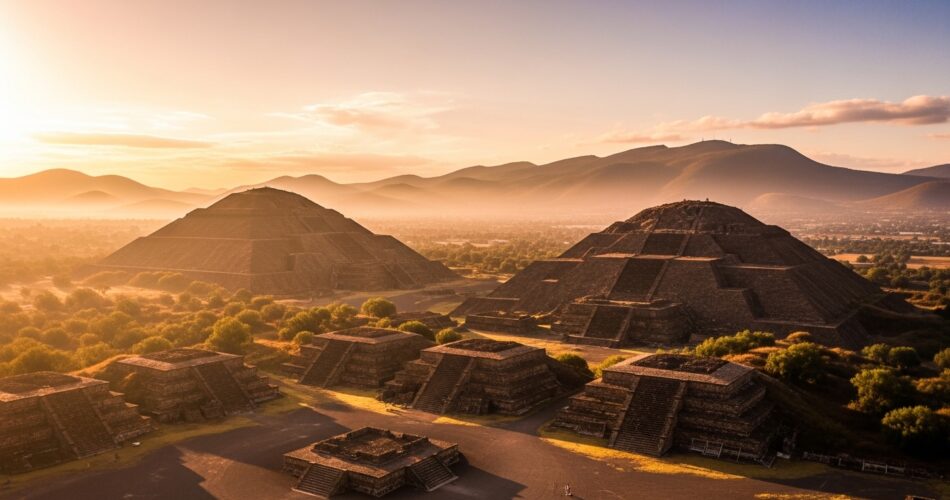 Ancient Teotihuacán pyramids glowing in golden sunset light with mountains in the background, representing Mexico's timeless spiritual heritage