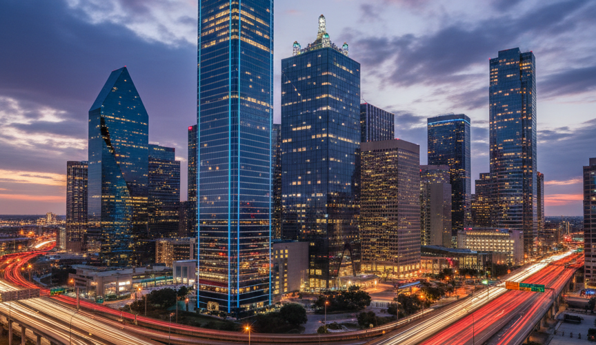 Dallas skyline at sunset with Reunion Tower and downtown skyscrapers reflected in Trinity River during golden hour