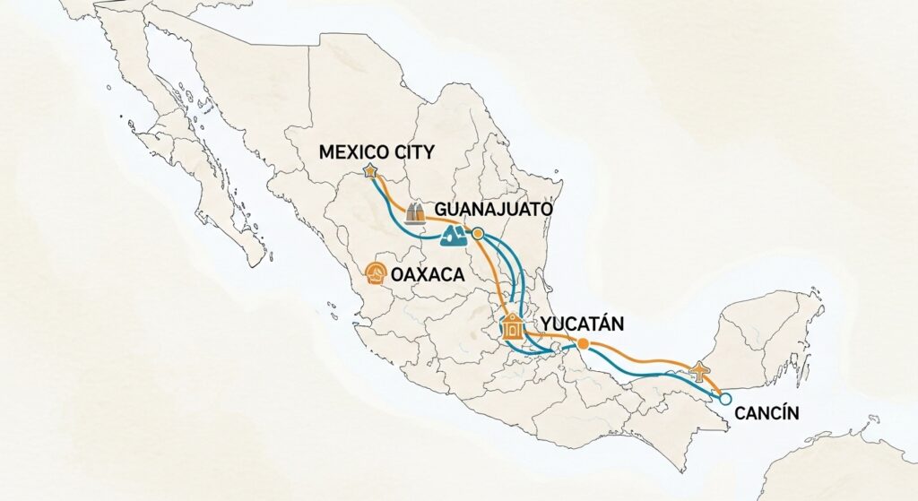 Map of Mexico showing three different travel routes: the obvious route, 
conscious route, and transformative route through various destinations