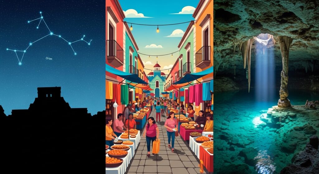 Visual representation of the Three Mexicos: Time (ancient pyramids), 
Rhythm (vibrant community), and Water (sacred cenotes)
