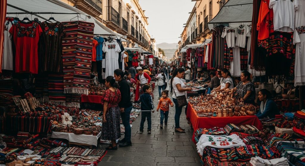 Colorful Oaxaca market with vibrant textiles and local vendors, 
embodying the rhythm and slow living culture of Mexico
